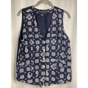 Vintage Adrienne Vittadini Women's 100% Silk Navy Blue Sleeveless Button-up Vest